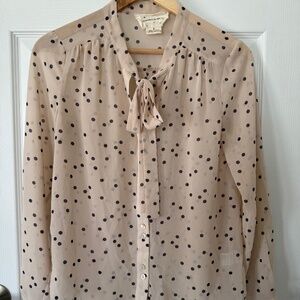 Coincidence & Chance Polka Dot Tie-Neck Blouse – Sheer Beige Button Front Top